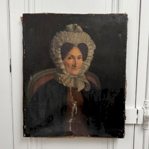 Huile sur toile portrait de femme à la coiffe milieu XIXe A5833