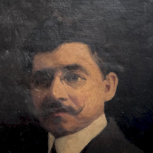 Huile sur toile portrait d'homme portant lunettes et moustache début XXe A5697