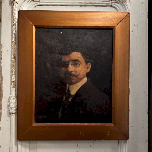 Huile sur toile portrait d'homme portant lunettes et moustache début XXe A5697
