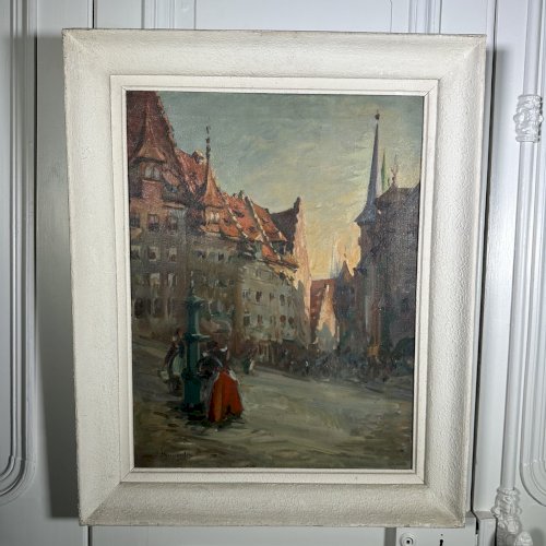 Huile sur toile représentant des femmes à la fontaine par Louis Dumoulin L9609
