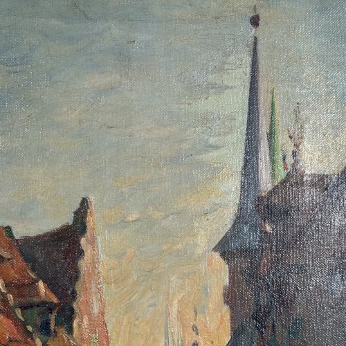 Huile sur toile représentant des femmes à la fontaine par Louis Dumoulin L9609