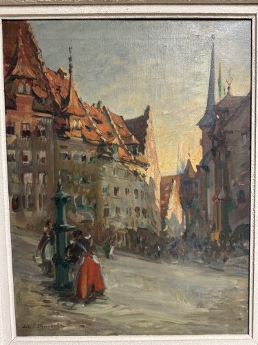 Huile sur toile représentant des femmes à la fontaine par Louis Dumoulin L9609