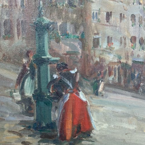 Huile sur toile représentant des femmes à la fontaine par Louis Dumoulin L9609