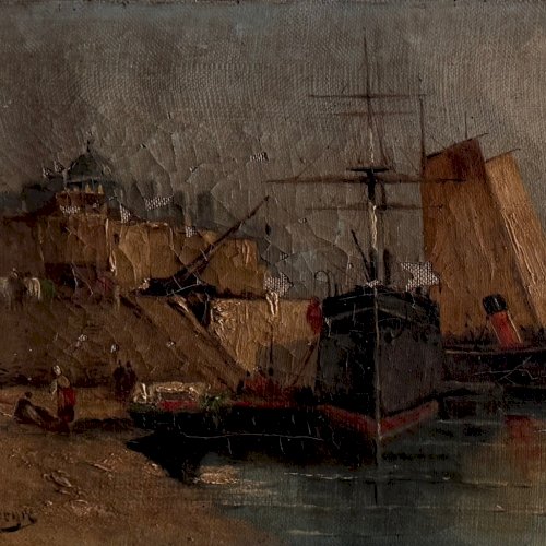 Huile sur toile représentant un bateau à quai fin XIXe par H. Hapeyre A5763
