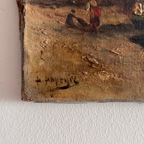 Huile sur toile représentant un bateau à quai fin XIXe par H. Hapeyre A5763