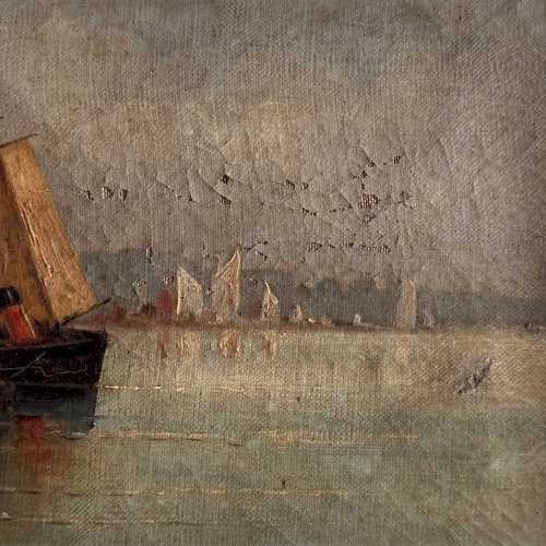Huile sur toile représentant un bateau à quai fin XIXe par H. Hapeyre A5763