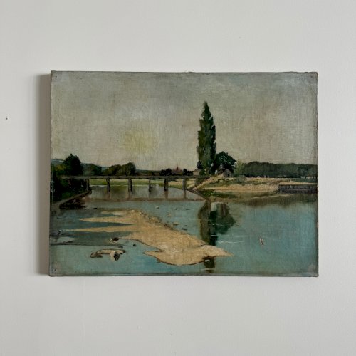 Huile sur toile représentant un cours d'eau avec un pont début XXe A5637