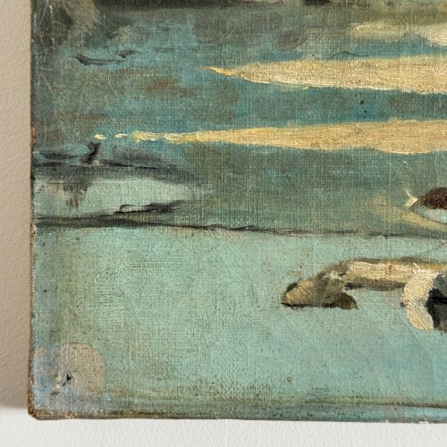 Huile sur toile représentant un cours d'eau avec un pont début XXe A5637