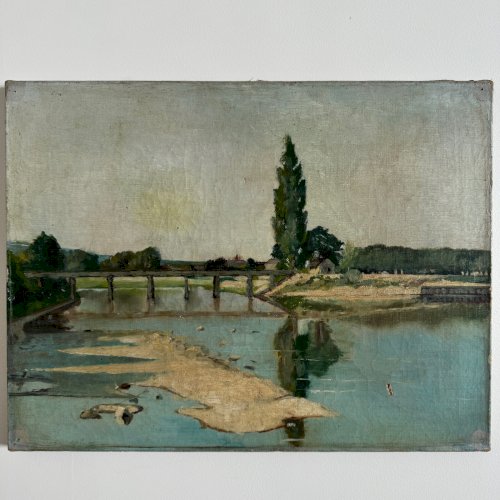 Huile sur toile représentant un cours d'eau avec un pont début XXe A5637
