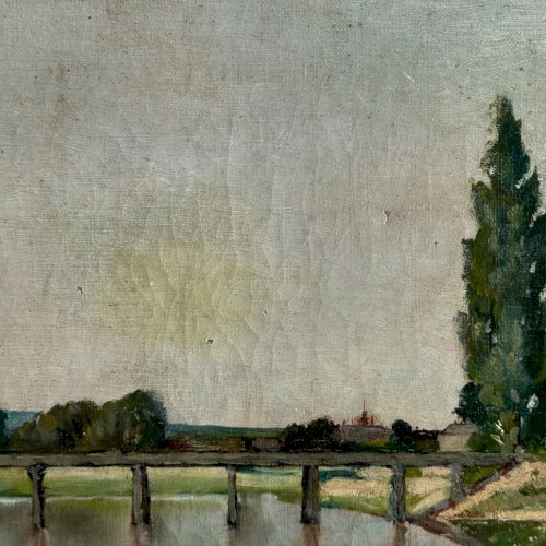 Huile sur toile représentant un cours d'eau avec un pont début XXe A5637