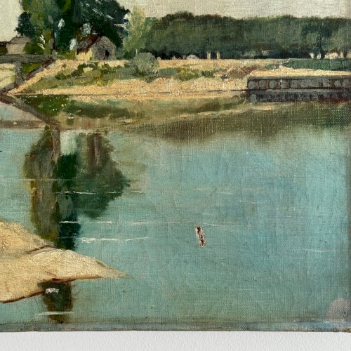 Huile sur toile représentant un cours d'eau avec un pont début XXe A5637