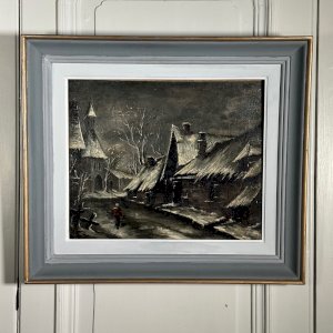 Huile sur toile rue de village la nuit sous la neige XXe L1067