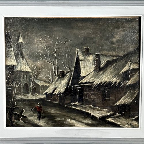 Huile sur toile rue de village la nuit sous la neige XXe L1067
