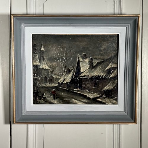 Huile sur toile rue de village la nuit sous la neige XXe L1067