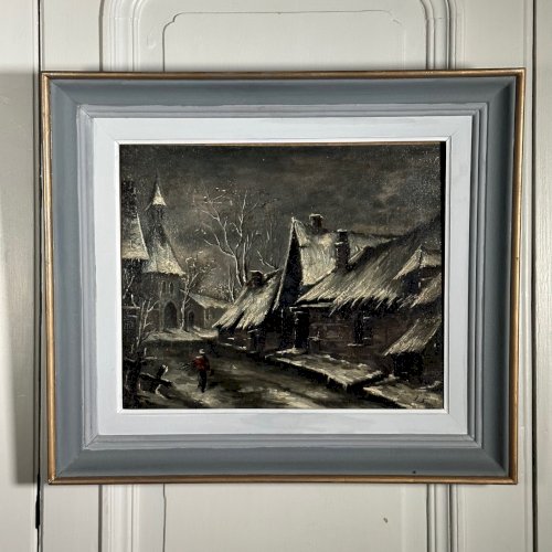 Huile sur toile rue de village la nuit sous la neige XXe L1067