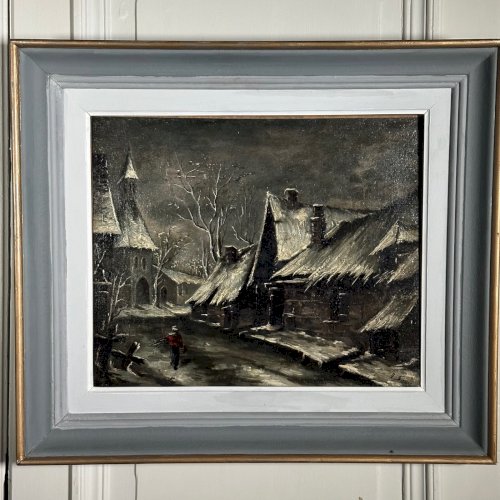 Huile sur toile rue de village la nuit sous la neige XXe L1067