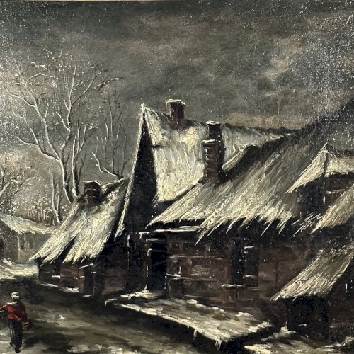 Huile sur toile rue de village la nuit sous la neige XXe L1067