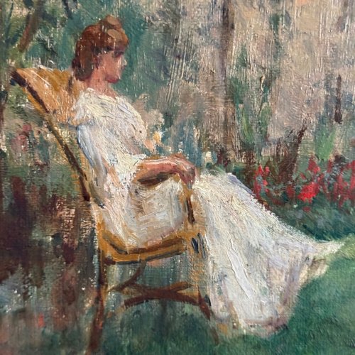 Huile sur toile scène de parc avec une femme assise dans un fauteuil A5644