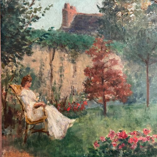 Huile sur toile scène de parc avec une femme assise dans un fauteuil A5644