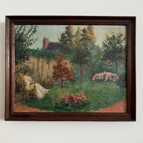 Huile sur toile scène de parc avec une femme assise dans un fauteuil A5644