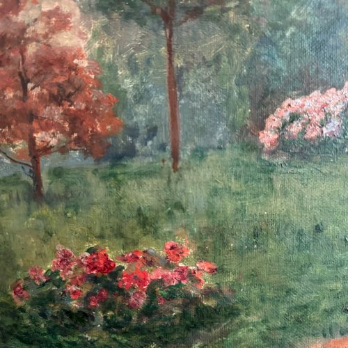 Huile sur toile scène de parc avec une femme assise dans un fauteuil A5644