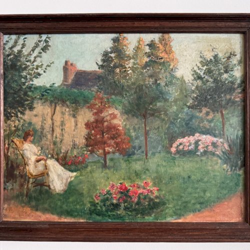 Huile sur toile scène de parc avec une femme assise dans un fauteuil A5644