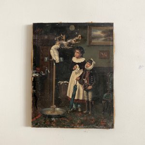 Oil on canvas interior scene young children with parrot 19th century A5804