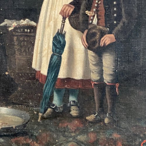 Huile sur toile scène d'intérieur jeunes enfants au perroquet XIXe A5804