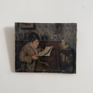 Huile sur toile scène d'intérieur par Jean-Laurent Challié A5898