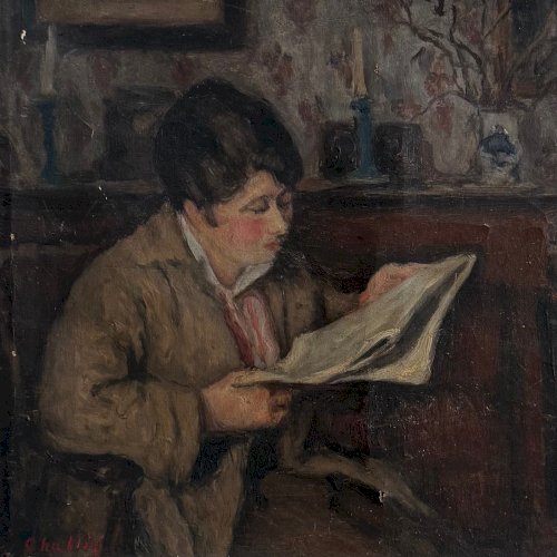 Huile sur toile scène d'intérieur par Jean-Laurent Challié A5898