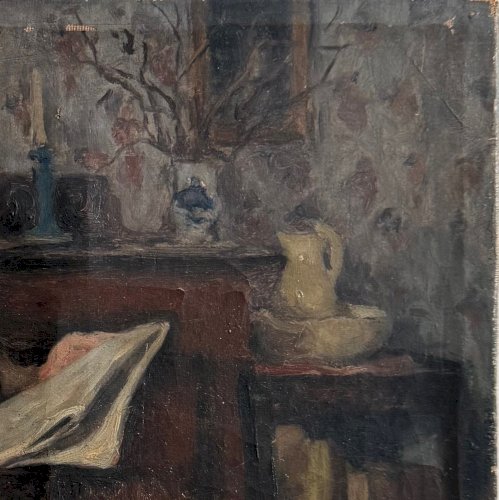 Huile sur toile scène d'intérieur par Jean-Laurent Challié A5898