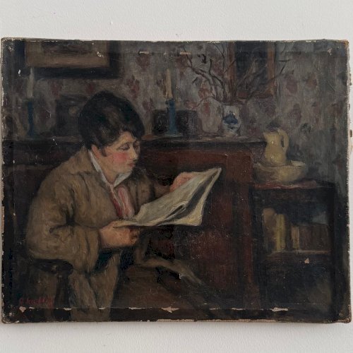 Huile sur toile scène d'intérieur par Jean-Laurent Challié A5898