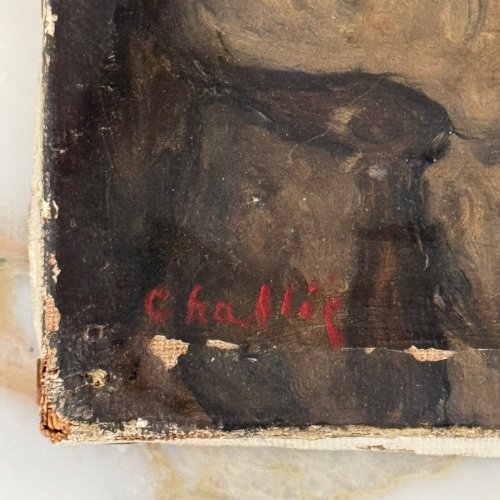 Huile sur toile scène d'intérieur par Jean-Laurent Challié A5898