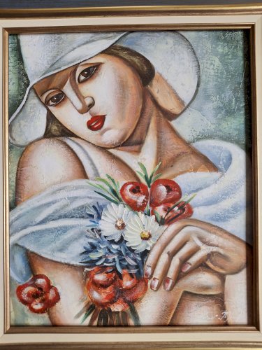 Huile sur toile signée et encadrée d'après Tamara de Lempicka 'Au milieu de l'été 1928' Art déco