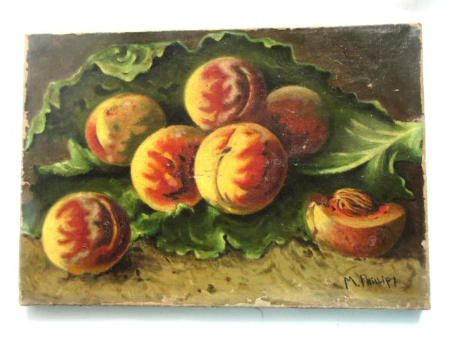 Huile sur toile signée M. PHILLIPY: Quelques pêches sur une feuille de chou