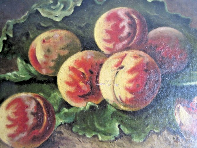 Huile sur toile signée M. PHILLIPY: Quelques pêches sur une feuille de chou