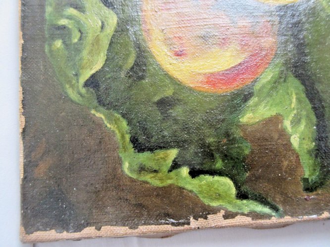 Huile sur toile signée M. PHILLIPY: Quelques pêches sur une feuille de chou