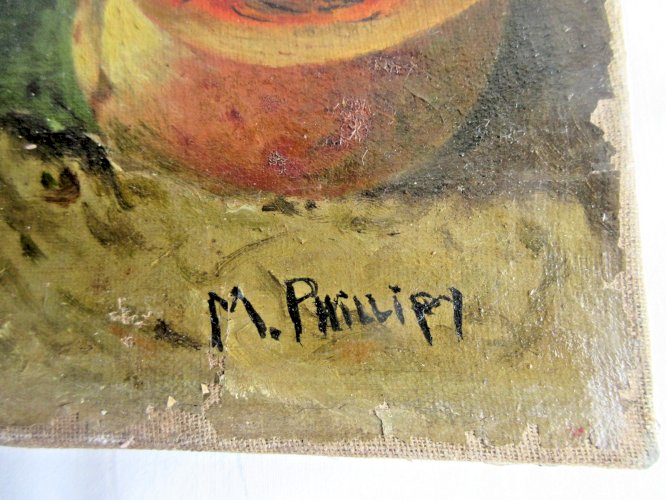 Huile sur toile signée M. PHILLIPY: Quelques pêches sur une feuille de chou