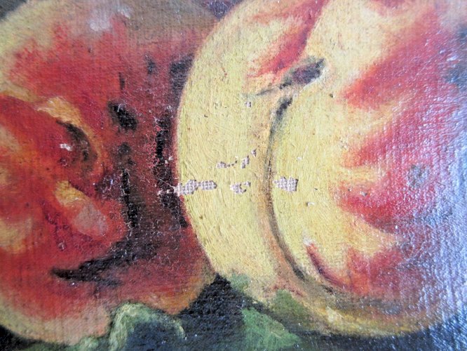 Huile sur toile signée M. PHILLIPY: Quelques pêches sur une feuille de chou