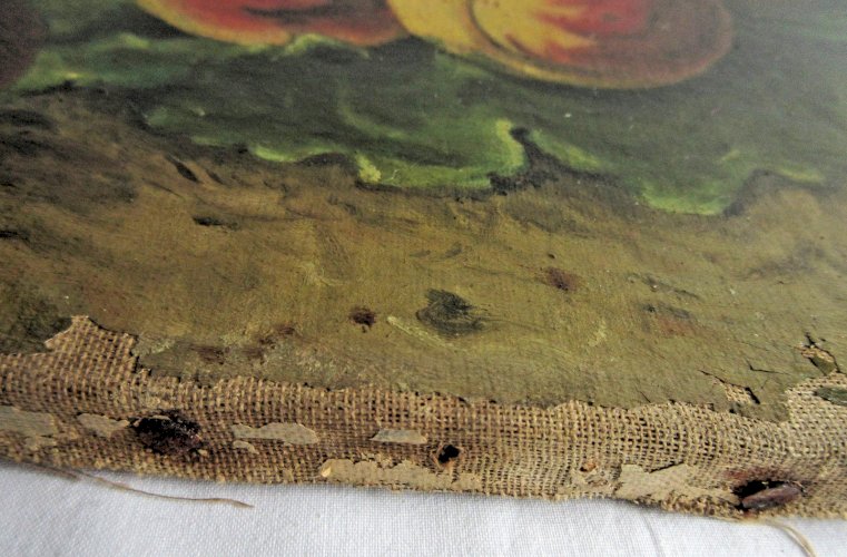 Huile sur toile signée M. PHILLIPY: Quelques pêches sur une feuille de chou