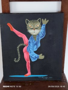 oil on canvas signed by Pablo Morfa Cuban artist Cat at the Festival