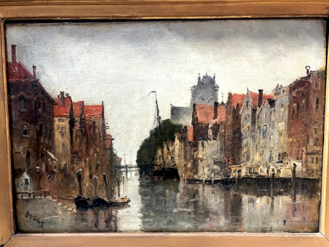 Huile sur toile "Vue de la ville sur le canal" par Franck BOGGS XIX siècle