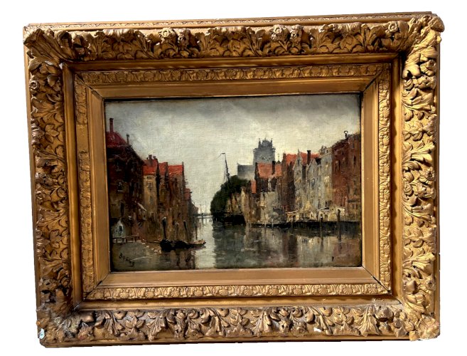 Huile sur toile "Vue de la ville sur le canal" par Franck BOGGS XIX siècle