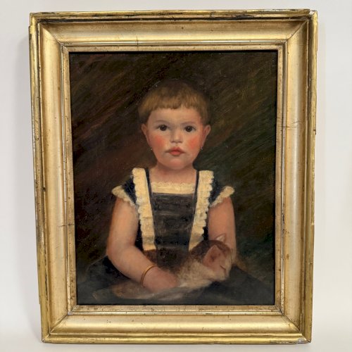 Huile sur toile XIXe jeune enfant portant son chat cadre doré L9226