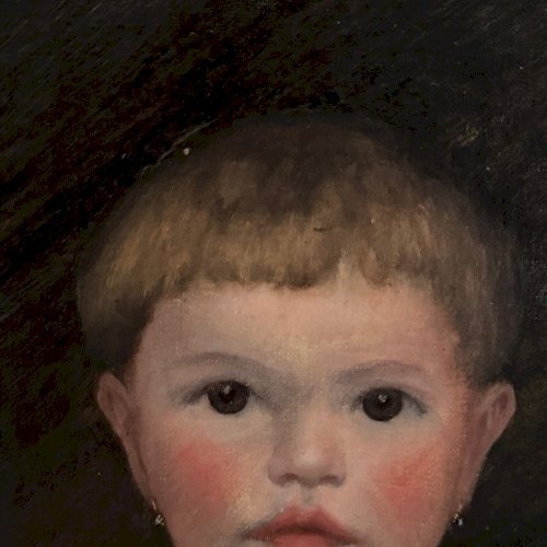 Huile sur toile XIXe jeune enfant portant son chat cadre doré L9226