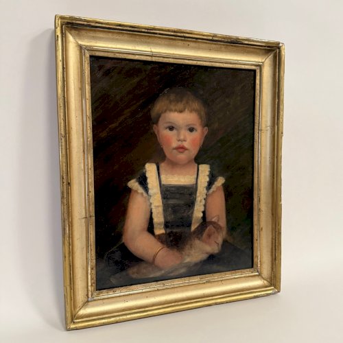 Huile sur toile XIXe jeune enfant portant son chat cadre doré L9226