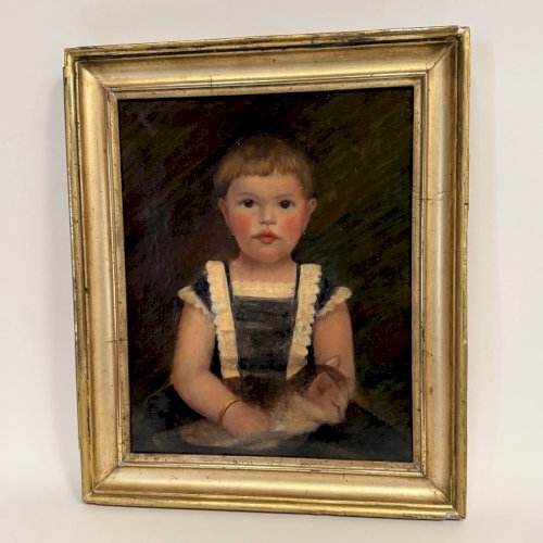 Huile sur toile XIXe jeune enfant portant son chat cadre doré L9226