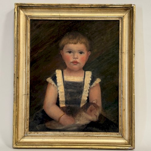 Huile sur toile XIXe jeune enfant portant son chat cadre doré L9226