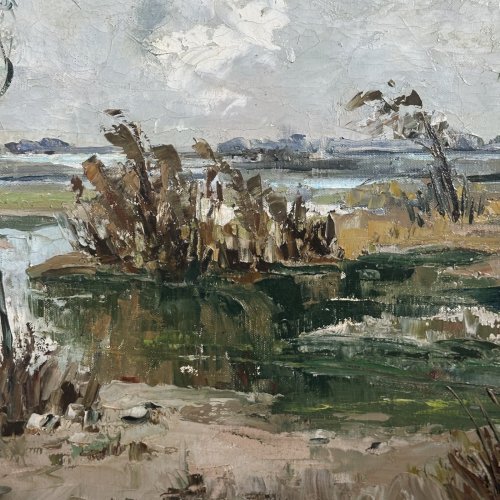 Huile sur toile XXe paysage de Camargue par Ely Laumonier L9615