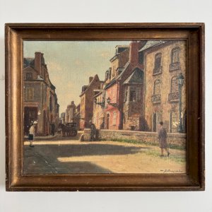 Oil on canvas 20th century street scene by Jacques Louis Barcat